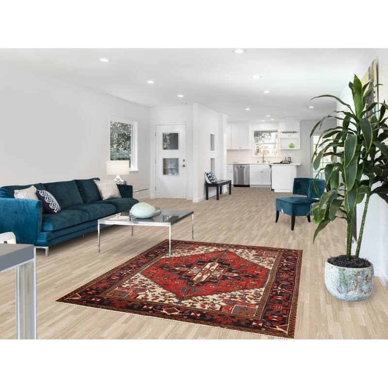 Geometric Heriz Persian Area Rug Handmade Wool Carpet - 5'0"x 6'3"