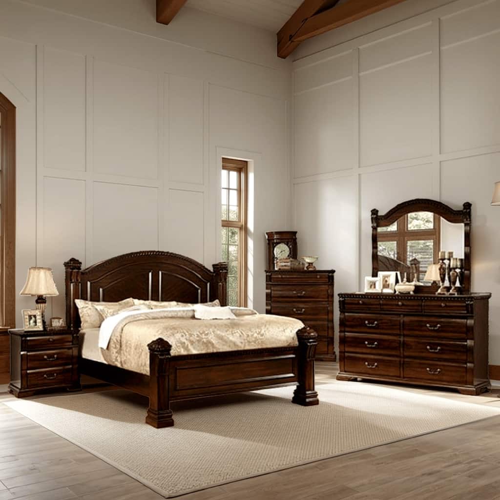 Koi 4 Piece King Bedroom Set, Intricate Trim, Post, Cherry Brown Wood