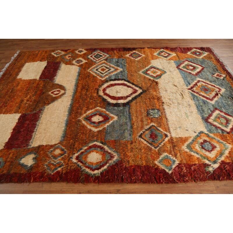Hand Knotted Oriental 100% Wool Carpet Modern Tribal Oranges & Rust Moroccan Area Rug - 9' 11'' X 6' 8''
