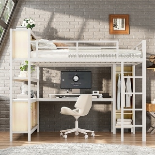 Metal Queen Size Loft Bed with L-shaped Desk,Storage Cubes and Shelves