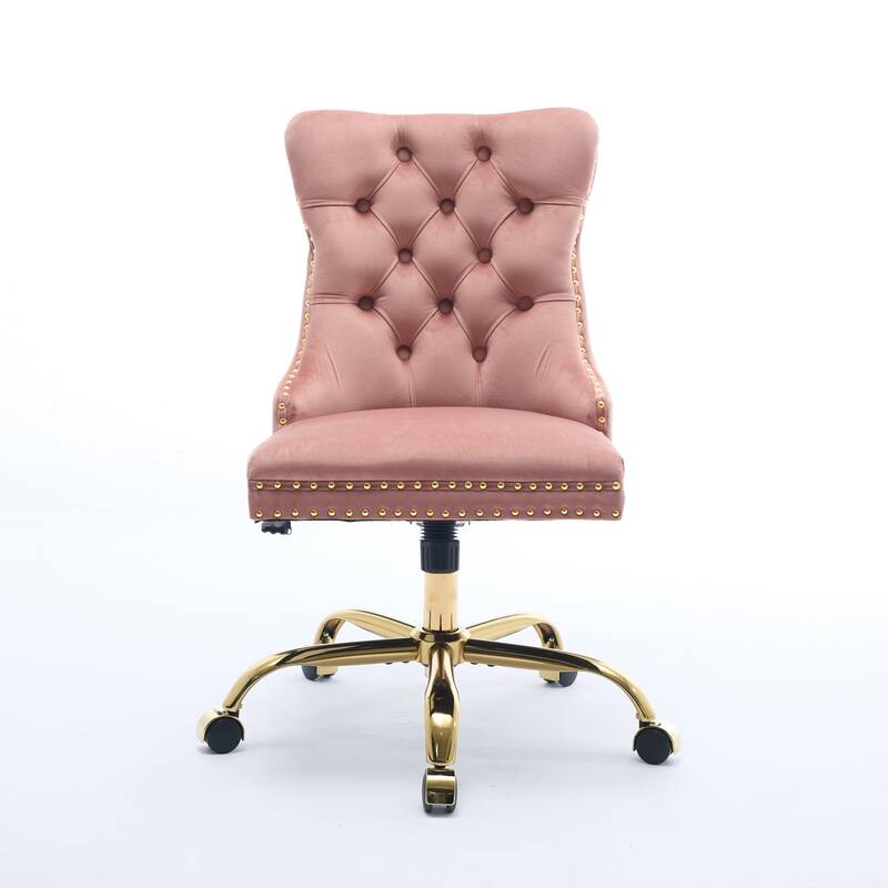 GDF Studio - Velvet Tufted Upholstered Home Office Chair with Golden Metal Base with Swivel Adjustment and Elegant Button Back