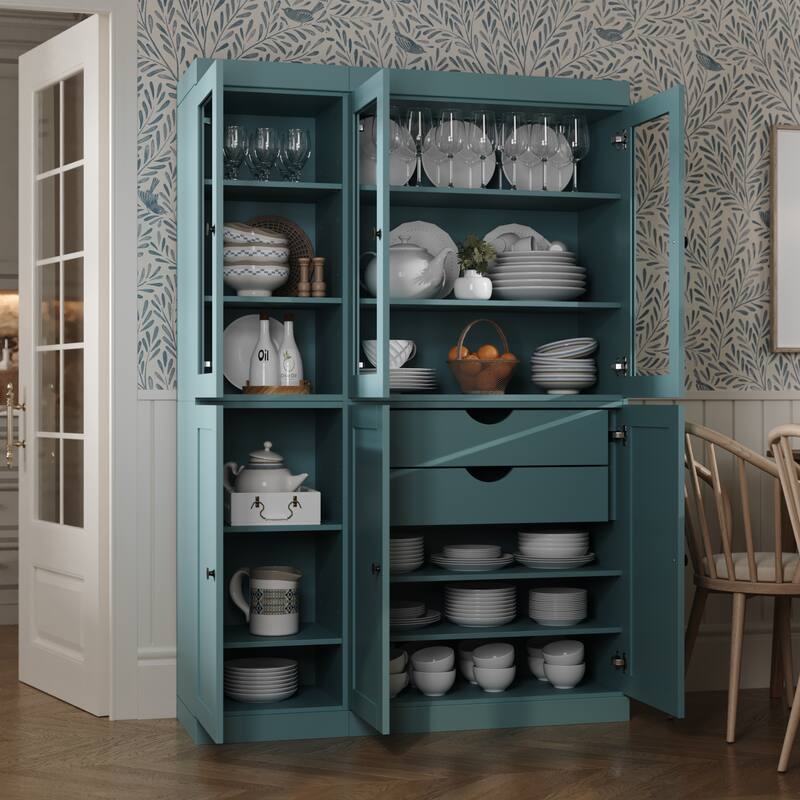 Palace Imports 100% Solid Wood 48.5" Pantry Cabinet with Clear Glass, Shaker Doors, 2-Drawers and Adjustable Shelves - Aqua Blue