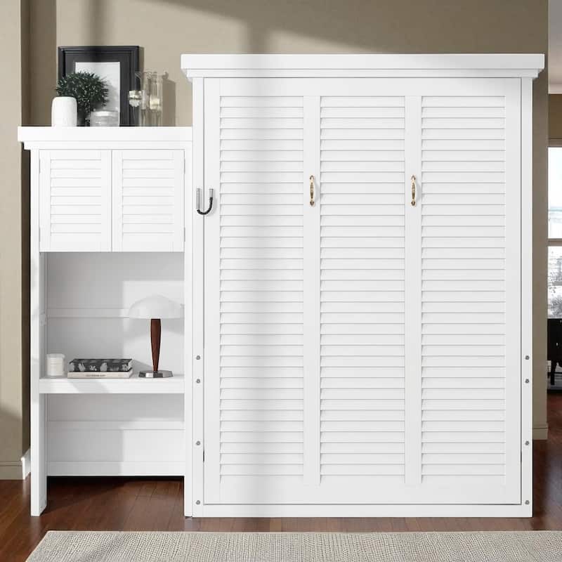 Queen Murphy Wall Bed with Storage Shelves, Louvered Design, Solid Pine/MDF, 600 lb Capacity, 8-10 in Mattress - White - Queen