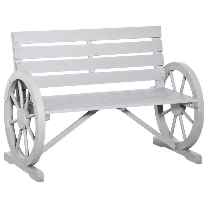 Outdoor Wooden Wagon Wheel Bench, Rustic Patio 2-Person Slatted Seat Bench with Backrest - Light Grey