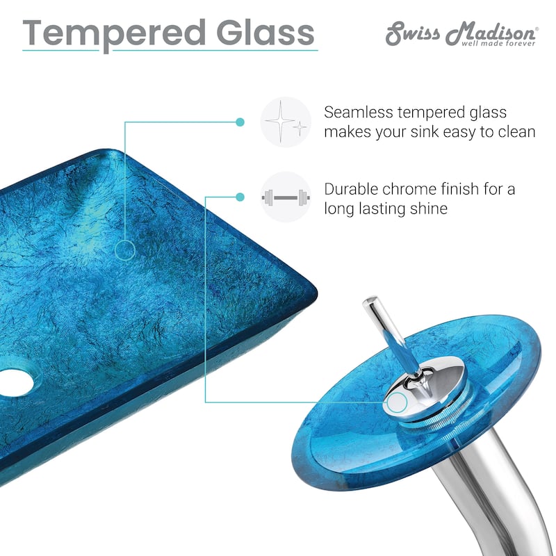 Vincennes Rectangular Glass Vessel Sink With Faucet, Ocean Blue - 22.2" x 14" 4.35"