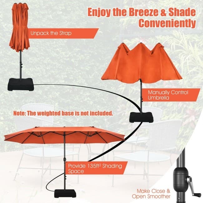 15 Feet Patio Double-Sided Umbrella with Hand-Crank System - 15.4' x 9.2' x 8.0' (LxWxH)