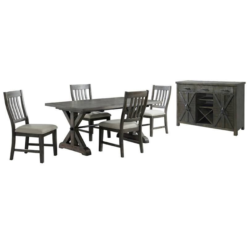 Extendable Dining Set for 8 - Rectangular Table, Wine Server, 4 Chairs - Distressed Gray Finish