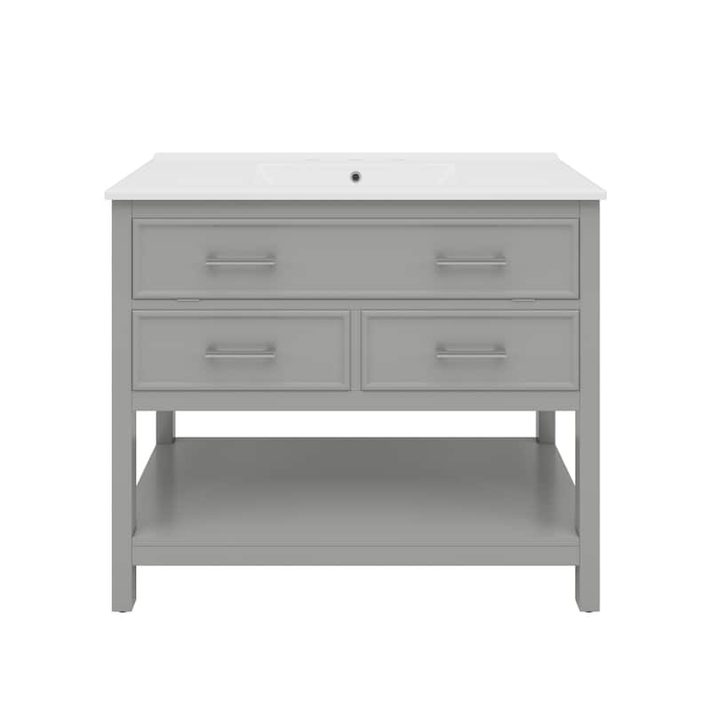 36" Vanity with Ceramic Sink,Vanity with Tip-Out Tray and 2 Full-Extension Drawers,Pulls and Close Drawer Slides Design