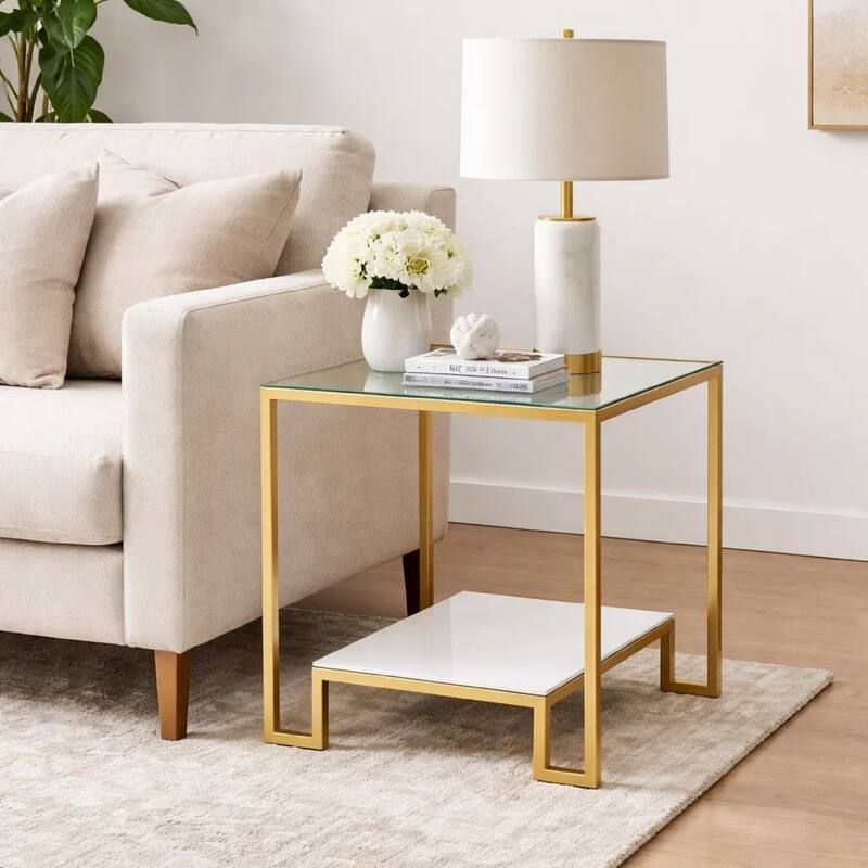 Kix Side End Table, 20 Inch Square Glass Top, Open Shelf, Antique Gold