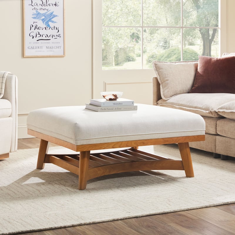 Walker Edison Modern Farmhouse Upholstered Linen Large Ottoman