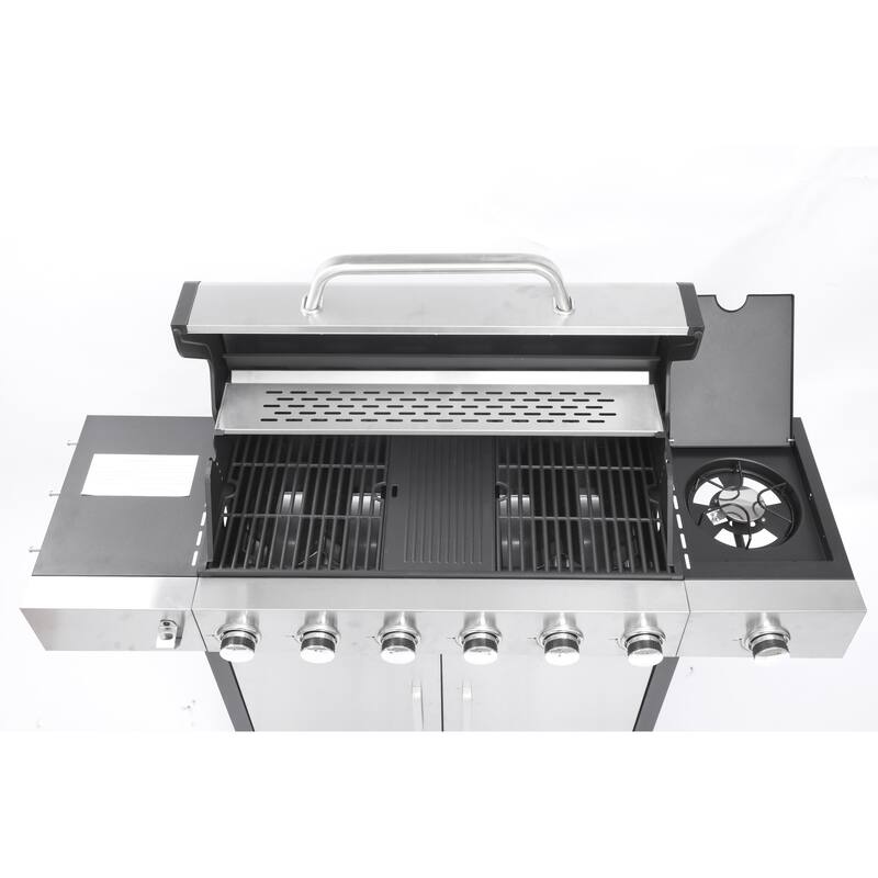 6-Burner Propane Gas Grill with Side Burner & Caster, Outdoor BBQ Grill Stainless with Steel Control Panel for Picnic
