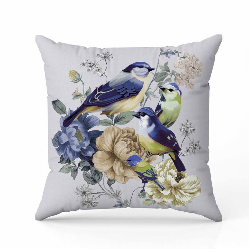 Petal Perched Birds Faux Suede Reversible Throw Pillow Silver and Blue