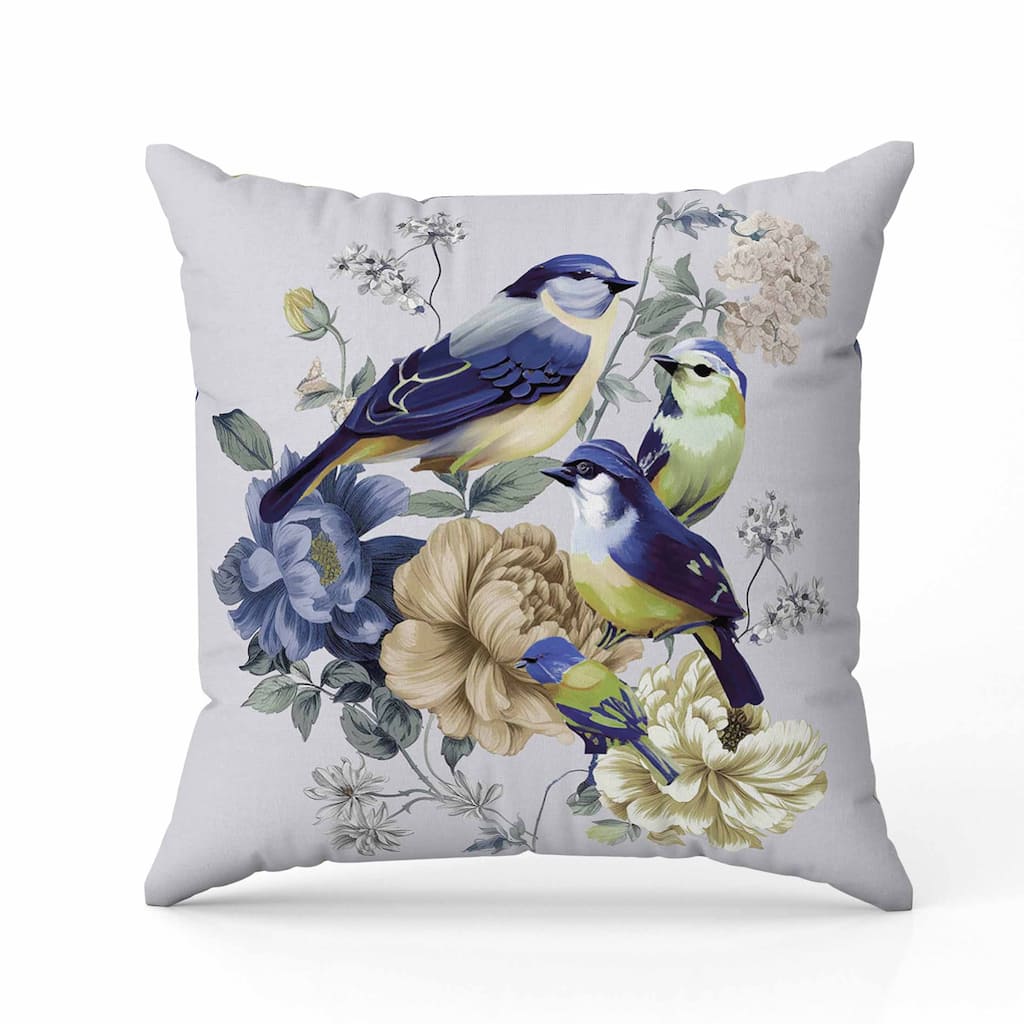 Petal Perched Birds Indoor/Outdoor Reversible Throw Pillow Silver and Blue