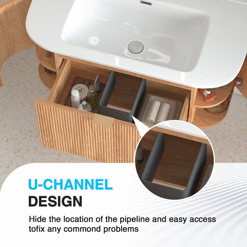 GDF Studio - Verona Floating Bathroom Vanity with Curved Edge Storage & Ceramic Basin without Faucet