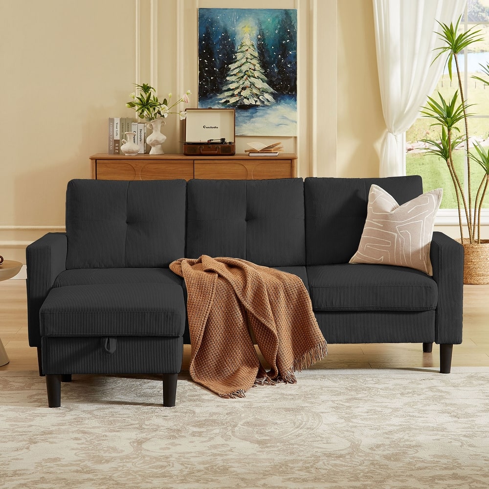 79.14" Corduroy Sectional Sofa with Storage Ottoman and Side Storage Pocket