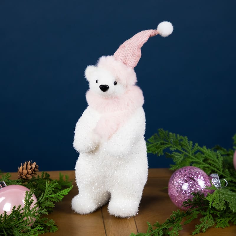 Glittery Polar Bear In Winter Hat Christmas Figurine - 10.5"
