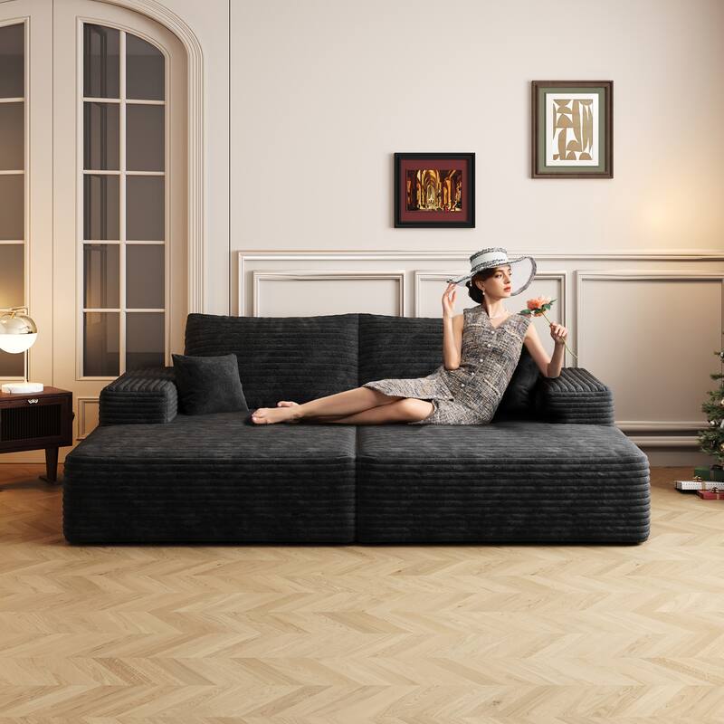 74.8" Modern Sofa Bed with Dual Sleeper, Lounger, No Assembly, Black (Plush Corduroy Fabric)