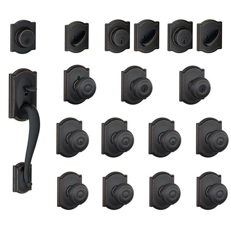 Schlage F600 Cam Geo Camelot Complete House Door Hardware Package With Georgian Interior Knobs And Single Cylinder Exterior