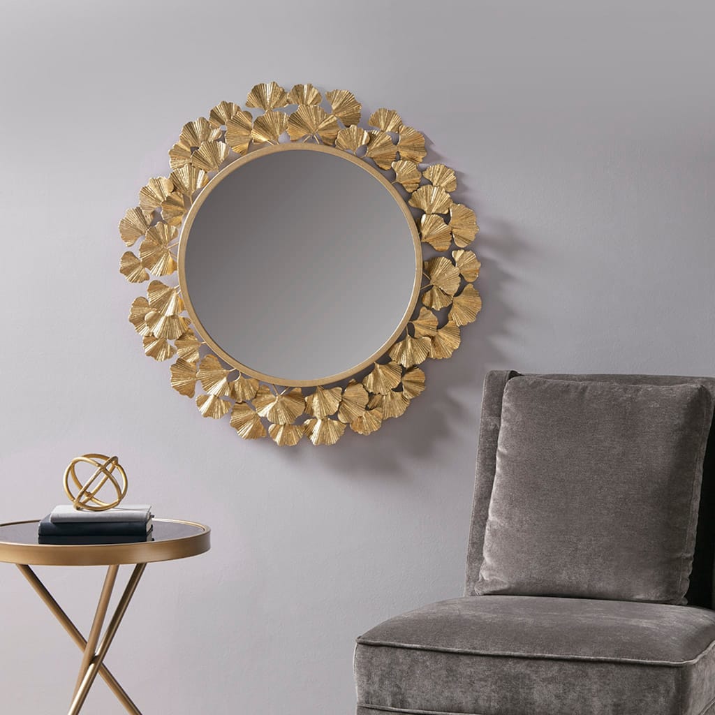 Roomfitters 30.5-Inch Gold Ginkgo Leaf Round Wall Mirror, Modern Sculptural Metal Frame Decorative Mirror for Living Room