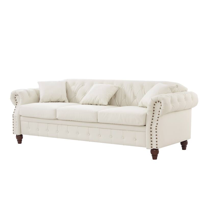 Chesterfield Sofa Classic Tufted Technical Leather Lounge Couch with Hidden Storage, Nailhead Trim and Pillows, for Living Room