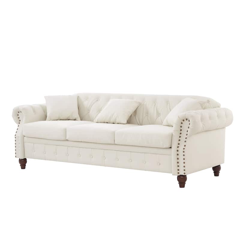 Faux Leather Upholstered Sofa with Storage, Chesterfield Tufted 3 Seater Sofa, Sofa Chair with Rolled Arms & Solid Wood Legs