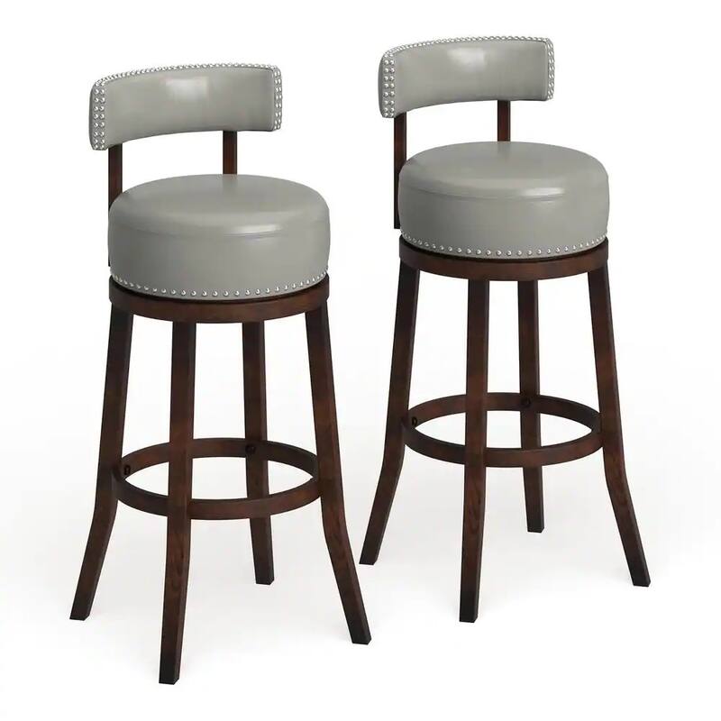 Sherly Set Of 2 Bar Stool 30" Swivel Stool Dark Oak Solid Wood Dark Gray Leatherette Chairs Dining Room