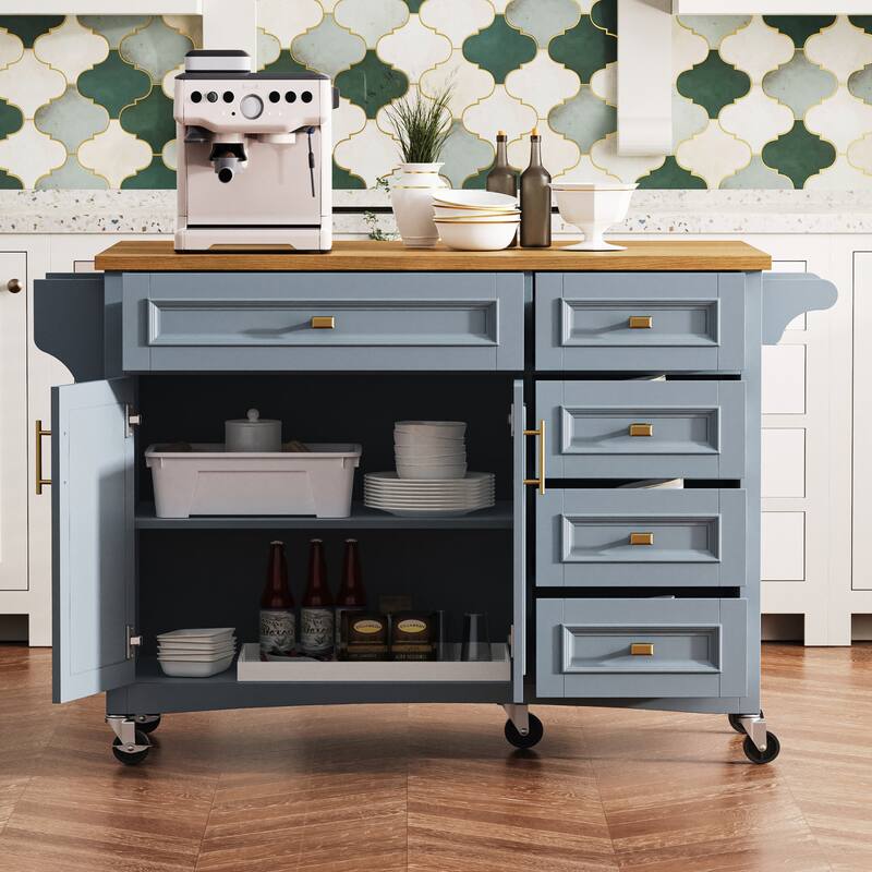 Kitchen Island with Drop Leaf, Adjustable Shelf, Spice Rack, Towel Rack, 2 Doors and 5 Drawers - Blue+Grey - Kitchen Cart