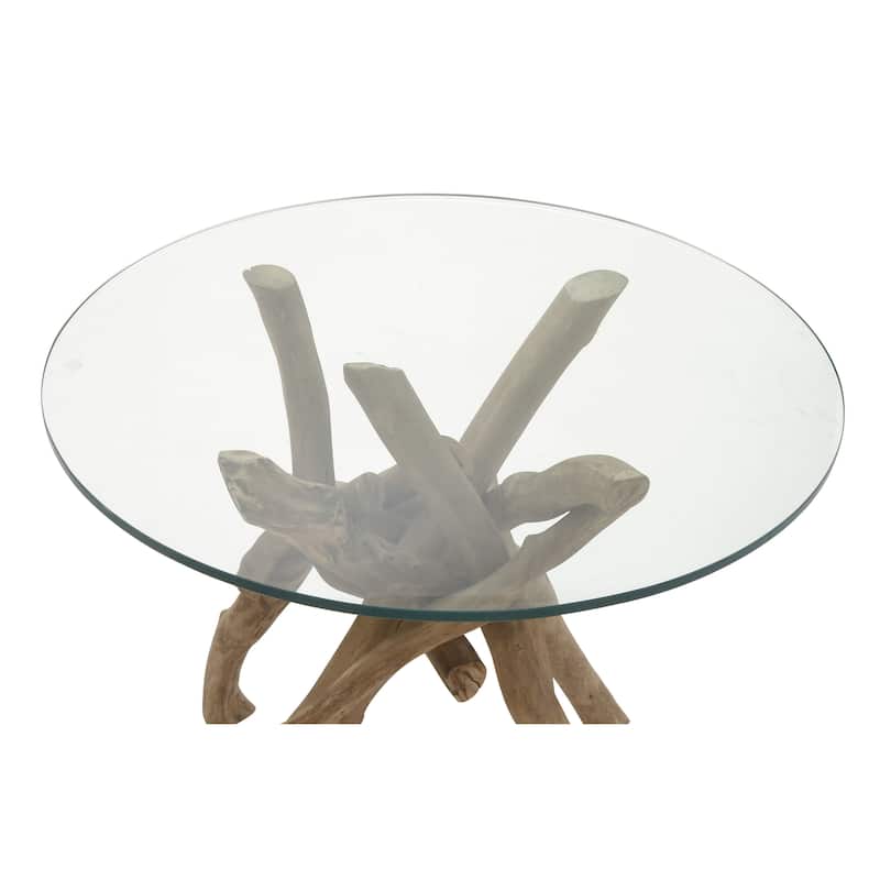 Brown Wood Handmade Tree Branch Accent Table with Clear Glass Top