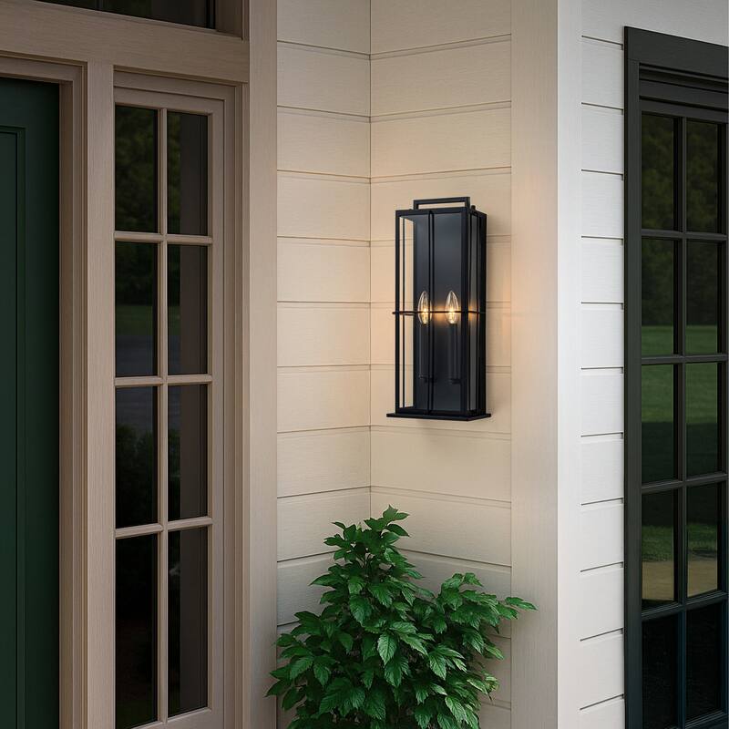 H19" Modern Large Lantern Outdoor Wall Light with Clear Glass Dual-Bulb Design and Black Finish Wall Sconces for Porch Patio