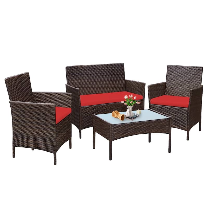 4 Piece Outdoor Patio Furniture Set With Cushions, Patio Wicker Conversation Set & Glass Coffee Table
