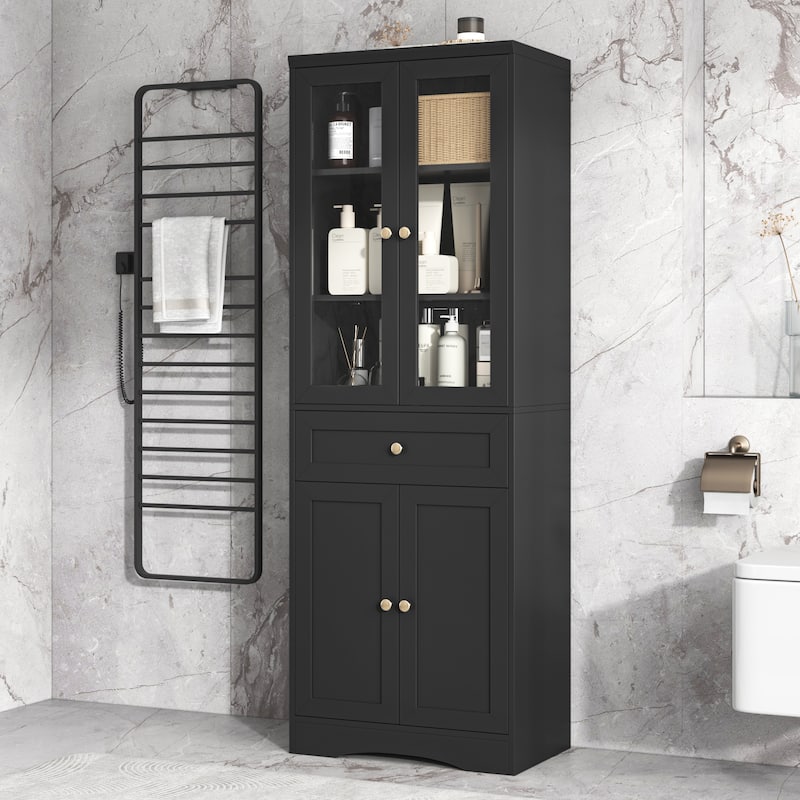 Bathroom Tall Cabinet - Upper 3 Tiers Cabinet with Glass Doors, Lower Part with Drawer and Wood Doors Closed Storage Cabinet