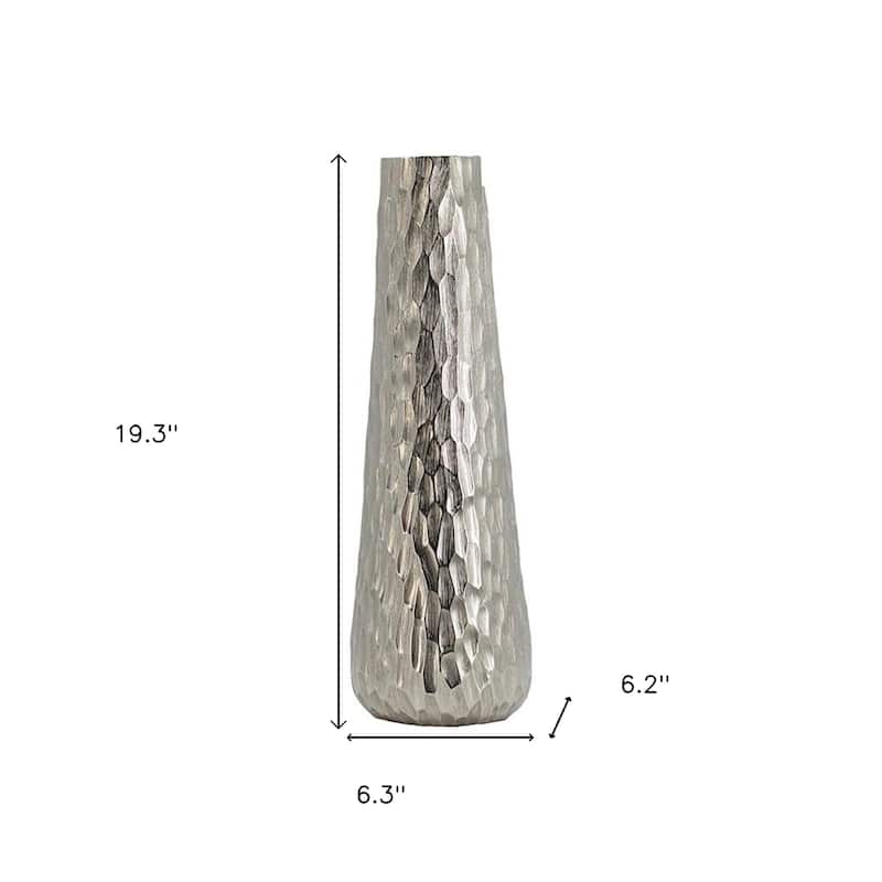 19" Silver Cast Aluminum Carved Geometric Table Vase - 5.10