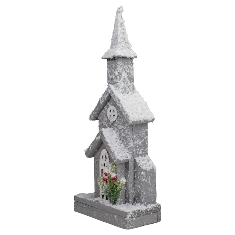 16" Lighted White and Gray Snowy Church Christmas Tabletop Decoration