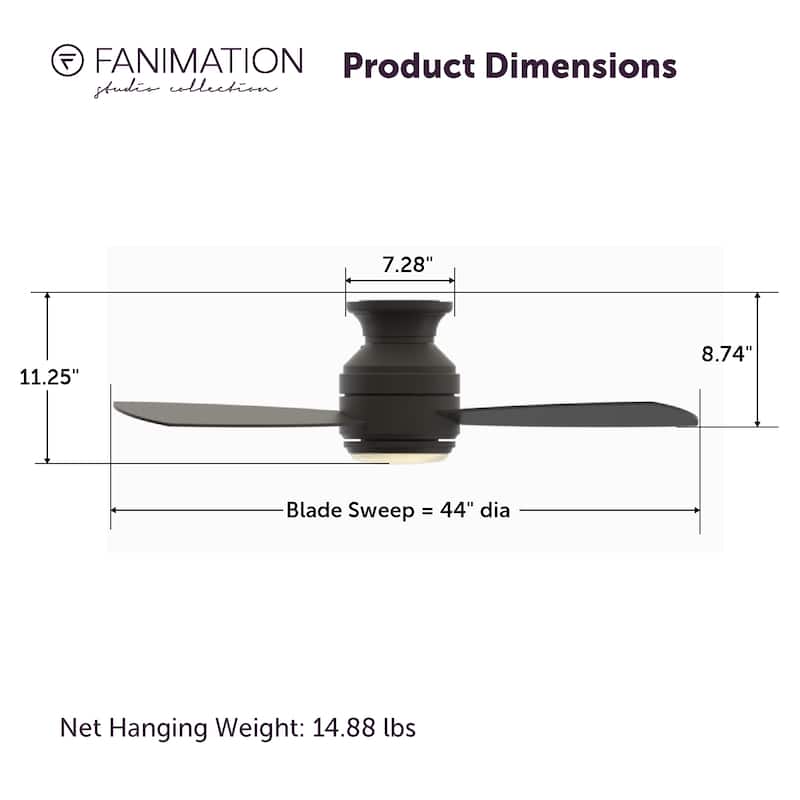 Fanimation Studio Collection Level 44 inch Matte Greige Flush Mount Ceiling Fan with LED Light and Wall Control