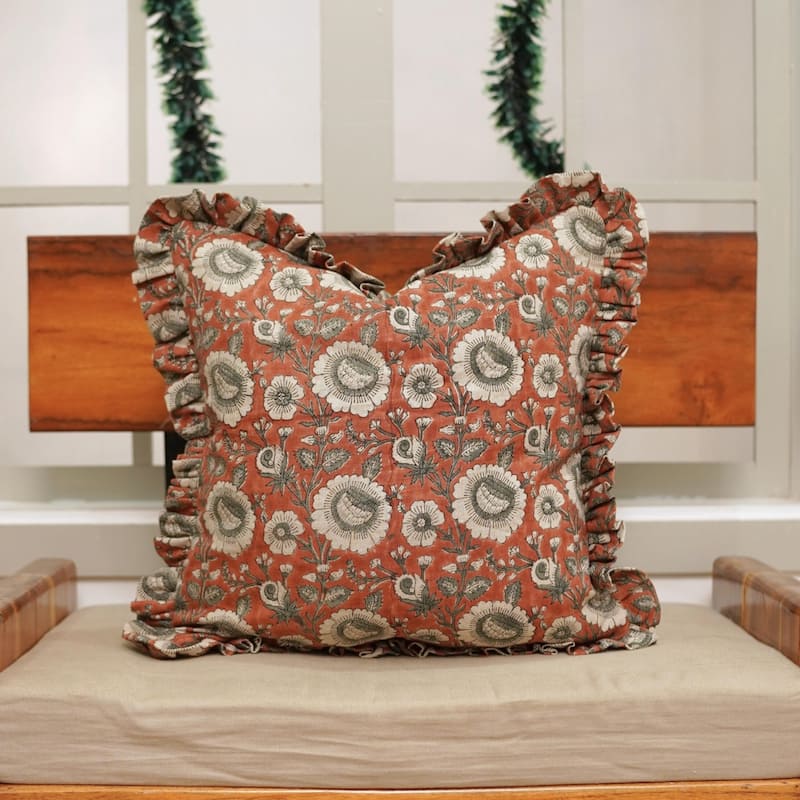 Fabdivine Handmade Block Print Floral Frill Both Side Soft Boho Pure Linen Pillow Cover