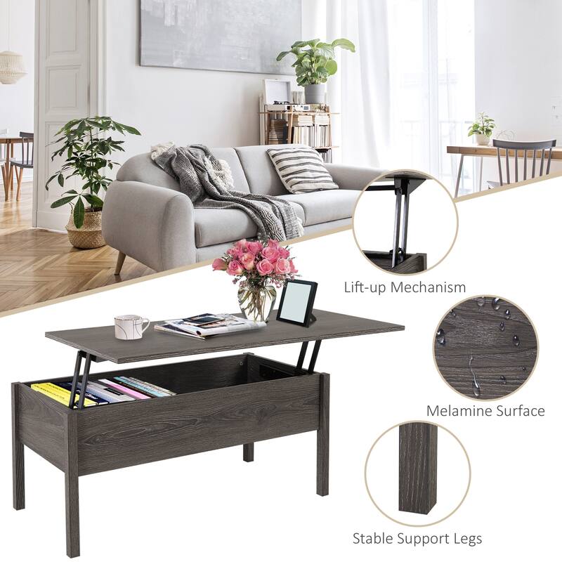 HOMCOM 39" Modern Lift Top Coffee Table Desk With Hidden Storage Compartment for Living Room, Light Grey Woodgrain