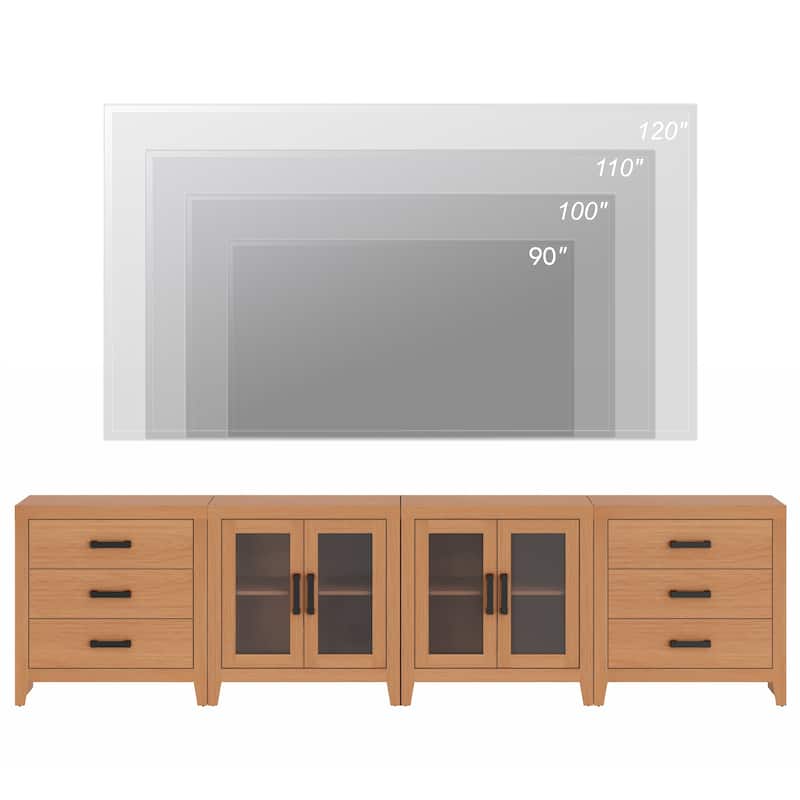 WAMPAT Extra Wide 126" Farmhouse TV Stand, Wood Media Console with 6 Drawers & 2 Glass Cabinets