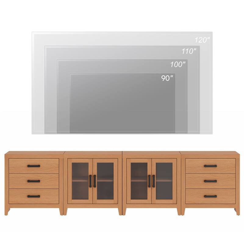 WAMPAT Farmhouse Buffet Cabinet with Glass Doors and Drawers, 4-Piece Modular Sideboard