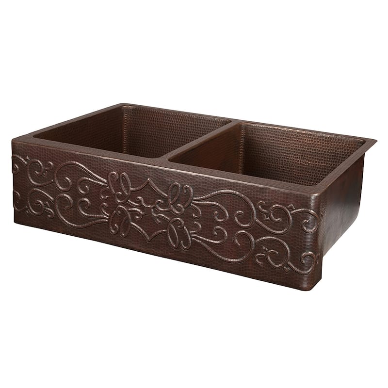 33-in Hammered Copper Apron Front 50/50 Double Basin Kitchen Sink w/ Scroll Design (KA50DB33229S)