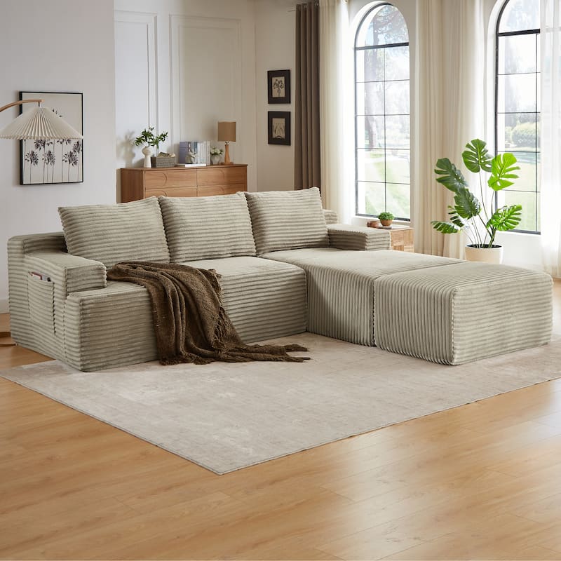 Corduroy Upholstery Cloud Modular Sectional Sofa with Chaise and Pillows, All-Foam Compression Design
