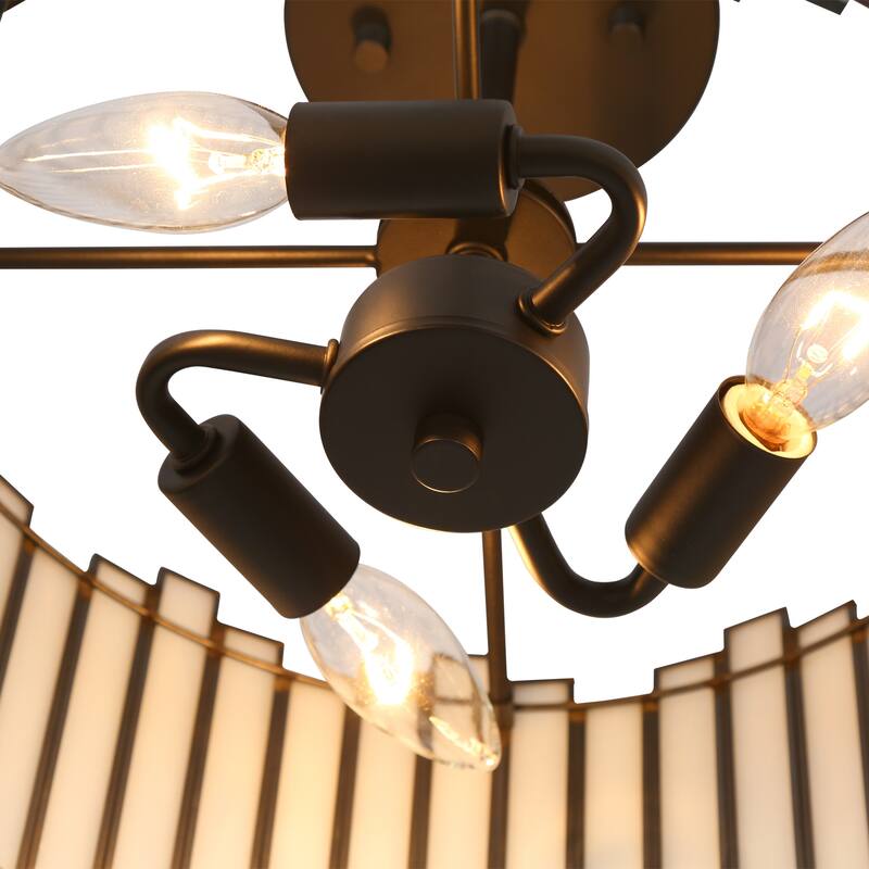 Tirie Mid-Century Modern Black 3-Light Colored Glass Drum Semi Flush Mount Ceiling Light - D 14.2" x H 15.3"