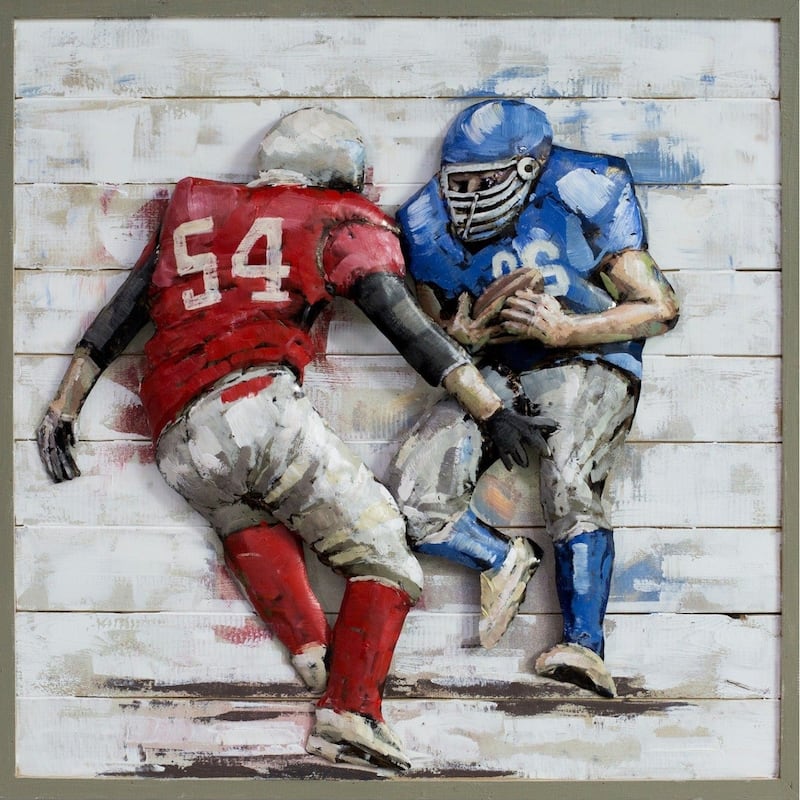 Football Players 3D Wall Art Decor Metal Cutout Painting On Wood Canvas Hanging