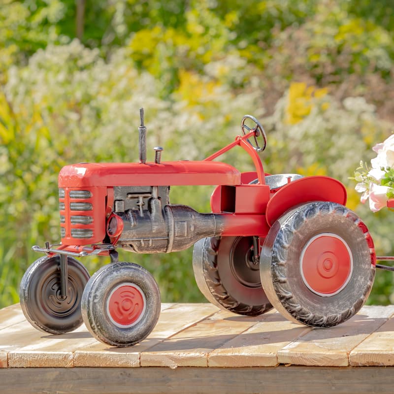 3.4 ft. Long Small Red Metal Tractor with Cart "The Aldean"