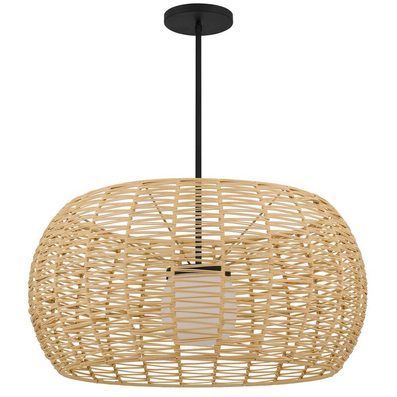 HomeRoots Natural And Black Rattan And Metal LED Dimmable Outdoor Hanging Pendent Light - 32.00' X '16.00' X '32.00