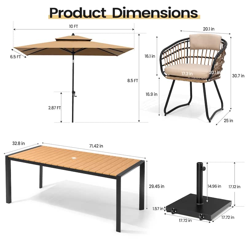 Set of 9 Outdoor Patio Dining Set WoodLike Aluminum Umbrella Hole Table with Rattan Chairs, Market Umbrella and Wheel Base