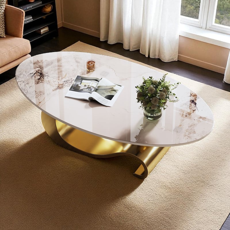 49.2" Oval Faux Marble Coffee Table with Stainless Steel Base, Modern Contemporary Center Accent Table