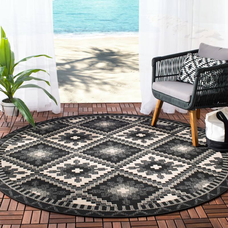 SAFAVIEH Veranda Vitaline Indoor/ Outdoor Waterproof Patio Backyard Rug - 3' x 3' Round - Black/Beige