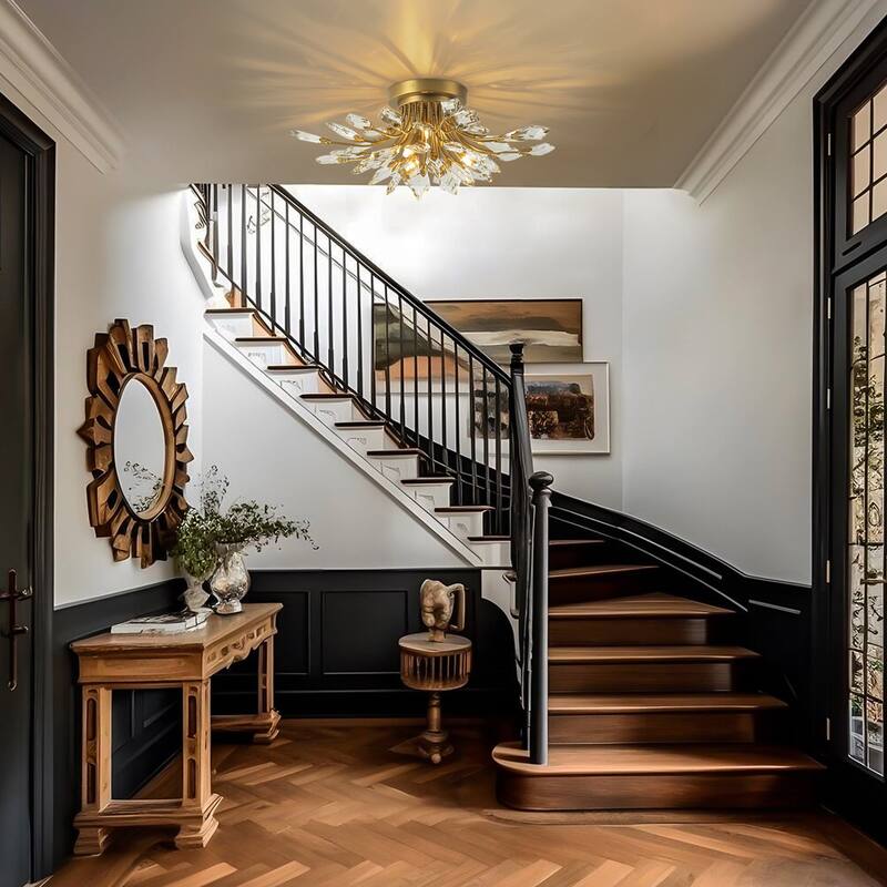 4-Light Modern Industrial Linear Cluster Crystal Flush Mount Light Sputnik Ceiling Light for Dining Room