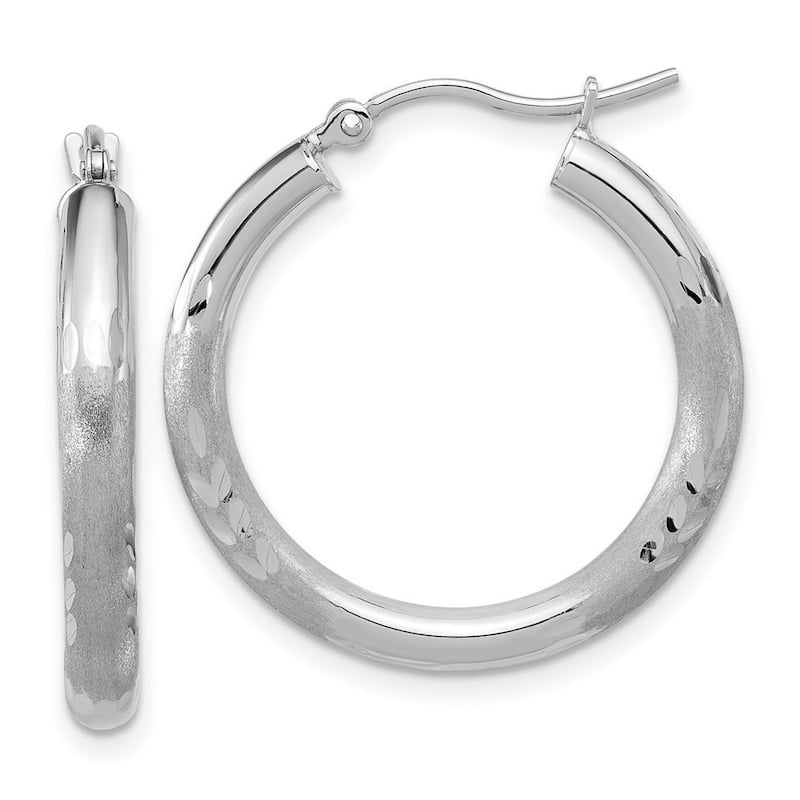 Curata 14k White Gold Satin and Sparkle Cut Round Hoop Earrings - 3mm 25x25mm