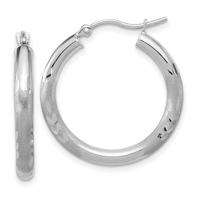 Curata 14k White Gold Satin and Sparkle Cut Round Hoop Earrings - 3mm 25x25mm